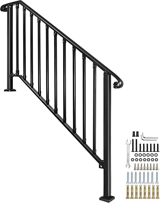 Adjustable Handrails for Outdoor Steps, Handrail Picket #4 Fits 4 or 5 Steps, Mattle Wrought Iron Handrail, Stair Rail with Installation Kit for Outdoor Steps
