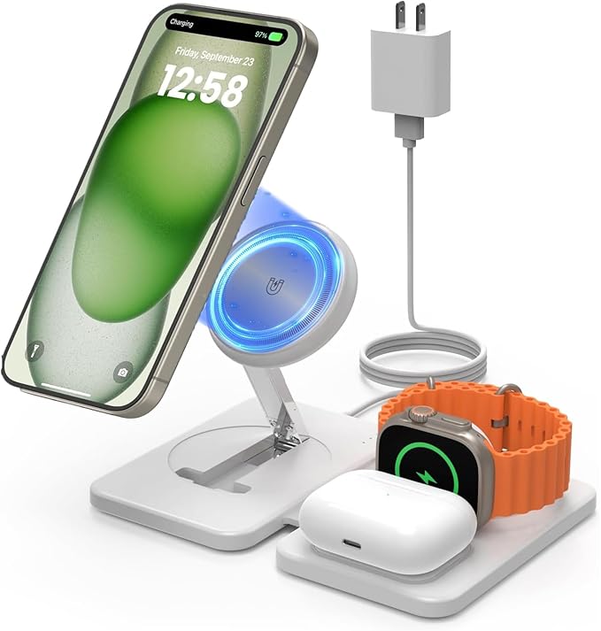 Wireless Charging Station for Mag-Safe Charger: JoyGeek Fast Wireless Charger Pad for iPhone 16/15/14/13/12 Series -Travel Stand for Apple Watch 10-2 - Air-Pods 4/3/2/Pro