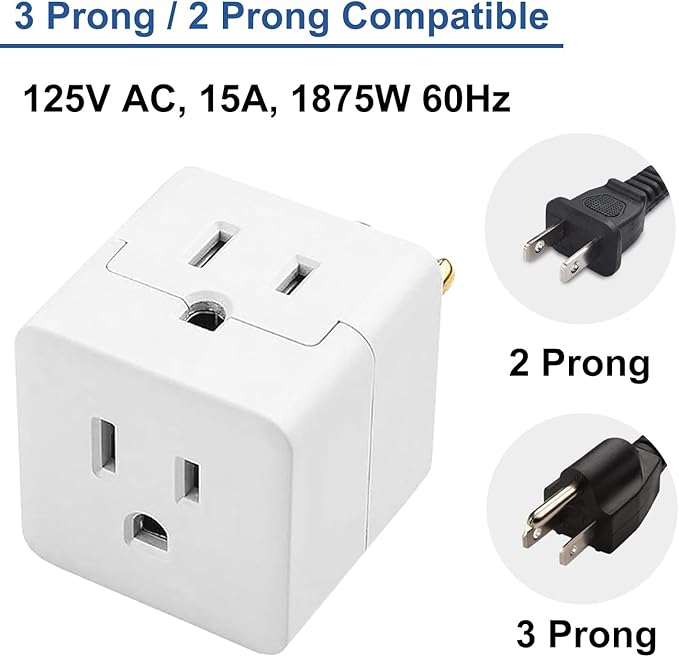 Outlet Splitter 3 Prong,3 Outlet Wall Adapter,Cube Tap Plug Extender,3 Way Wall Outlet Adapter,Multiple Plug Expander,UL Listed,White,2 Pack