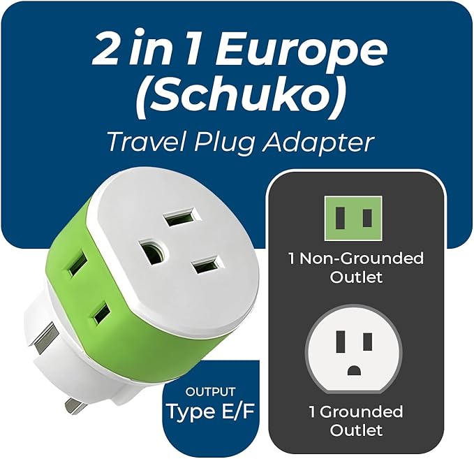 OREI Germany, France, Schuko Power Plug Adapter with 2 USA Inputs - Travel 3 Pack- Type E/F (US-9) Safe Grounded Use with Cell Phones, Laptop, Camera Chargers, CPAP, and More