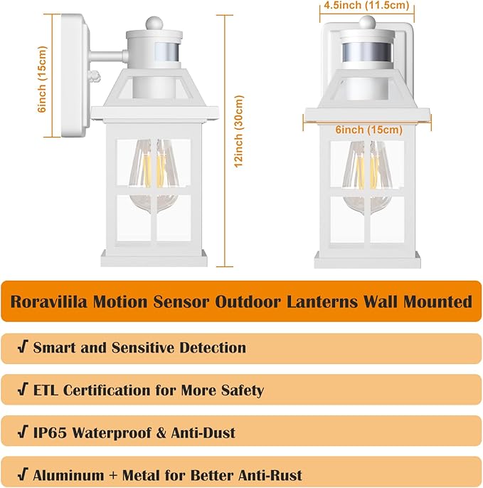 White Motion Sensor Outdoor Porch Lights Upgraded, Anti-Rust Aluminum Wall Mounted Light Fixtures Coastal Exterior Lights Wall Lantern Sconces Dusk to Dawn Outdoor Lighting, ETL Certified