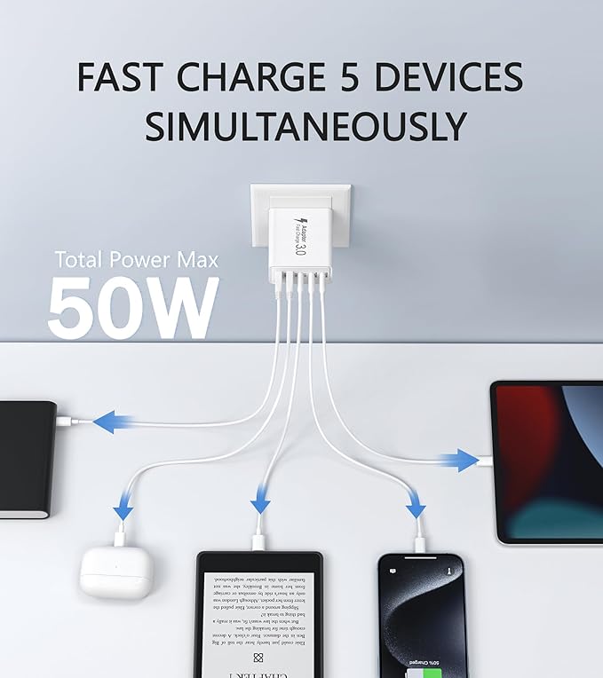 2Pack USB C Fast Charger Block,50W 5-Port USB Wall Charger Brick,2 USB A & 3 USB C PD3.0 Power Adapter Multiport Type C Charging Plug for iPhone 16/15/14/13,Pad Mini/Pro,AirPods 4,GalaxyS23(White)