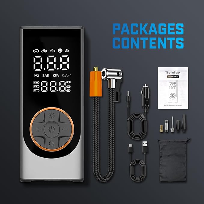 Tire Inflator Portable Air Compressor, 150PSI Cordless Air Pump for Car Tires, 4X Faster 12V DC Tire Pump with Tire Pressure Gauge, LED Light for Cars, Motorcycles, Bikes, Balls (Silver)