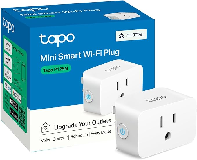 TP-Link Tapo Matter Compatible Smart Plug Mini, Compact Design, 15A/1800W Max, Super Easy Setup, Works with Apple Home, Alexa & Google Home, UL Certified, 2.4G Wi-Fi Only, White, Tapo P125M