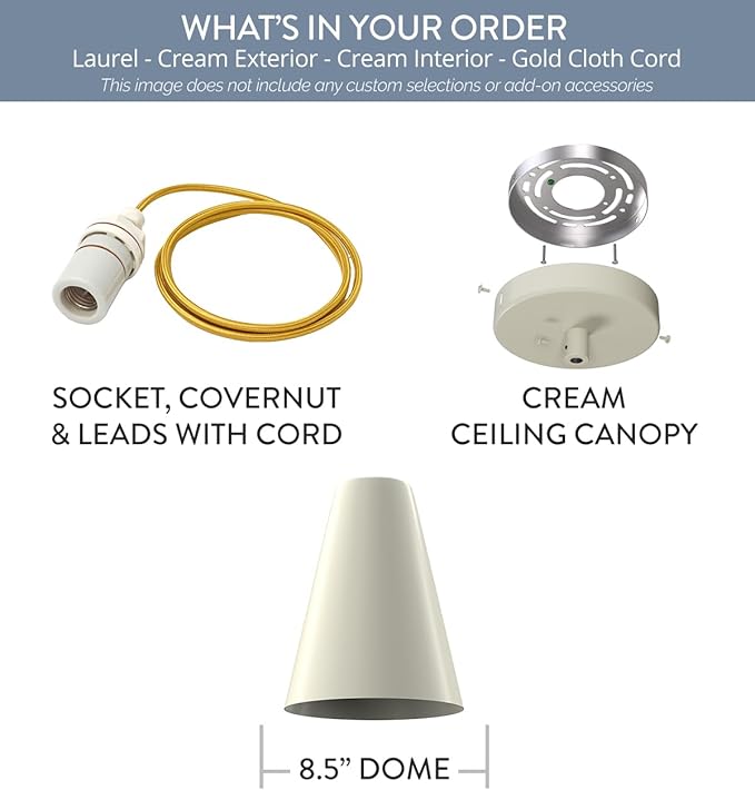 Steel Lighting Co. Laurel Pendant Light | Ceiling Mounted | 8.5 inch Cone Shade | Modern Contemporary Farmhouse Style Made in America | Gold Cloth Cord | Cream Exterior/Cream Interior
