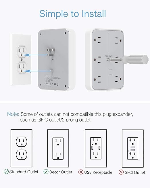 USB Wall Charger, Multi Outlet Extender Surge Protector, TESSAN 6 Electrical Outlets Expander with 3 USB Charging Ports, 1080 Joules Multiple Plug Splitter for Bathroom Dorm Room Office