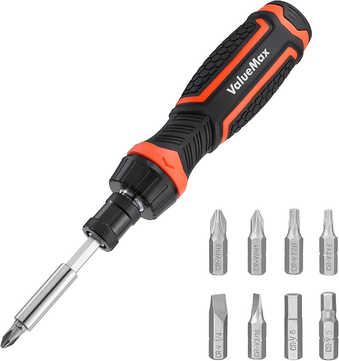 Valuemax Ratcheting Screwdriver, 9-In-1 Multi Screwdriver, Portable Ratchet Screwdriver Set, Adjustable Length, High-Strength Bits, Phillips, Slotted, Torx, Hex, Nut Driver