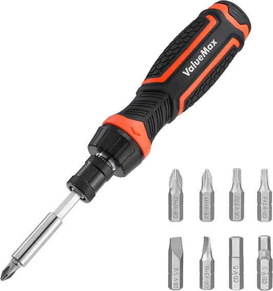 Valuemax Ratcheting Screwdriver, 9-In-1 Multi Screwdriver, Portable Ratchet Screwdriver Set, Adjustable Length, High-Strength Bits, Phillips, Slotted, Torx, Hex, Nut Driver