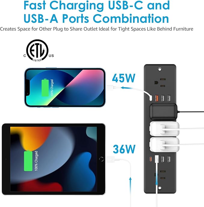 HHSOET 45W Fast Charging Recessed Power Strip Flat Plug, 13 in 1 Furniture Outlet with USB, Conference Recessed Surge Protection Socket with 5 AC Plugs, 6 USB Ports 2 USB-C, 10ft Power Cord.(Black)