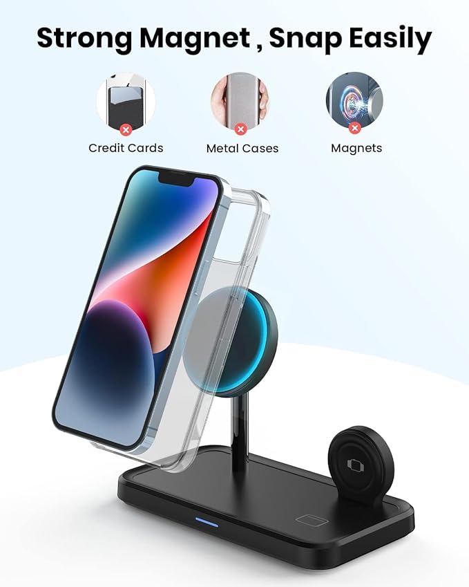 Wireless Charging Station for Apple Mag-Safe: JoyGeek 3 in 1 Magnetic Foldable Charger Stand for iPhone 16 15 14 13 12 Pro Max Plus - Apple Watch 10 9 8 7 6 5 4 SE - AirPods Pro 2/3/4