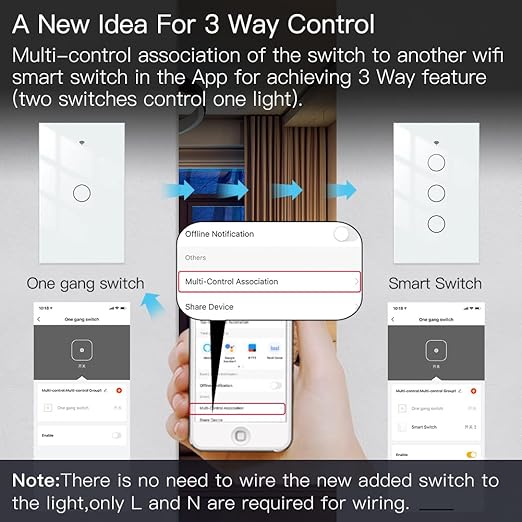 MOES 2.4GHz WiFi Wall Touch Smart Switch Neutral Wire Required, 3 Way Multi-Control, Glass Panel Light Switch Work with Smart Life/Tuya App, RF433 Remote Control, Alexa and Google Home White 1 Gang