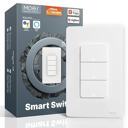 MOES 2nd Generation Zigbee Smart Switches 3 Gang, No Neutral Wire, Require MOES Zigbee Hub, Inteligente Single Pole Light Switch, Compatible with Alexa Google Assistant, Support Tuya Smart Life