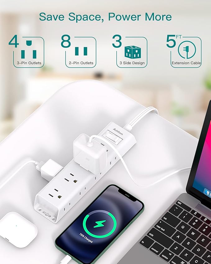 Flat Plug Power Strip, Ultra Thin Flat Extension Cord - Addtam 12 Widely AC 3 Sides Multiple Outlets, 5Ft, 1050J Surge Protector, Wall Mount, Desk Charging Station for Home Office Dorm Room Essentials
