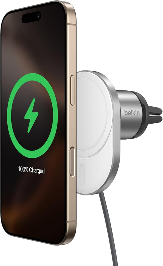 Belkin Wireless Car Charger 15W - MagSafe-Compatible Magnetic Charger - Qi2-Certified Wireless Charger, Magnetic Car Vent Phone Mount for iPhone 16, 15, 14, 13, 12, & Samsung Galaxy S25 Series - Gray