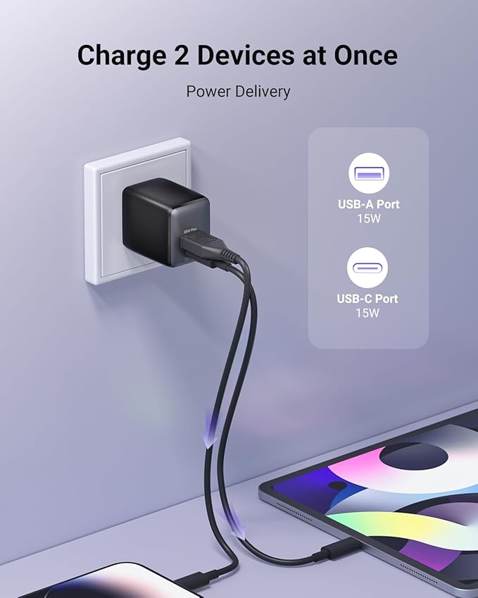 USB C Fast Charging Charger, 30W Dual-Port GaN Nano Charger with Foldable Plug for iPhone 16/15 Series, iPad, Galaxy S24 Ultra and More Series, (Black, 1 Pack)