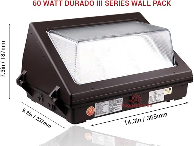 RuggedGrade 60W LED Wall Pack - Durado III Series – 8,700 Lumens – Full Tunable Wattage & Color 3000K/4000K/5000K – Semi Cut-Off with Photocell – Brown Housing – DLC 5.1 Premium