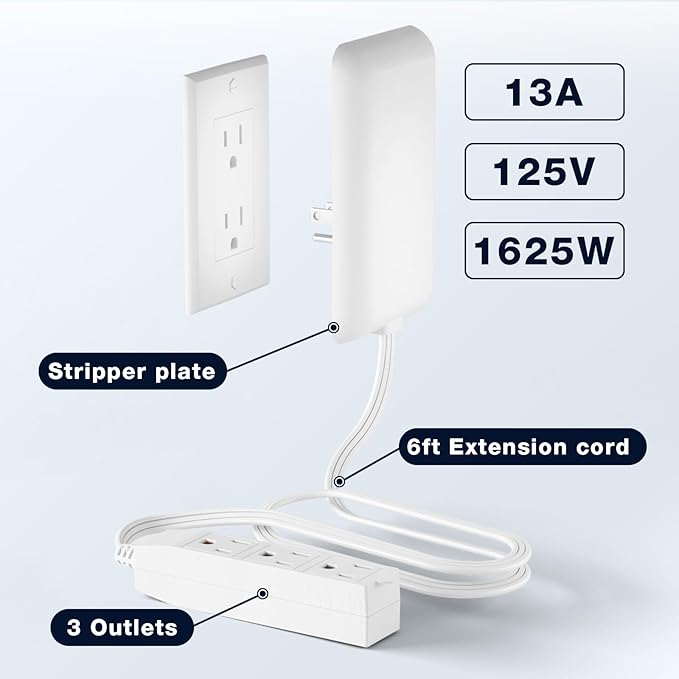 Flat Plug Power Strip Detachable, 3-Outlet 6ft Ultra Thin White Wall Extension Cord 13A 125V 1625W, Space-Saving,Suitable for Kitchen,TV, Living Room,Bedroom, Narrow Space, ETL Listed