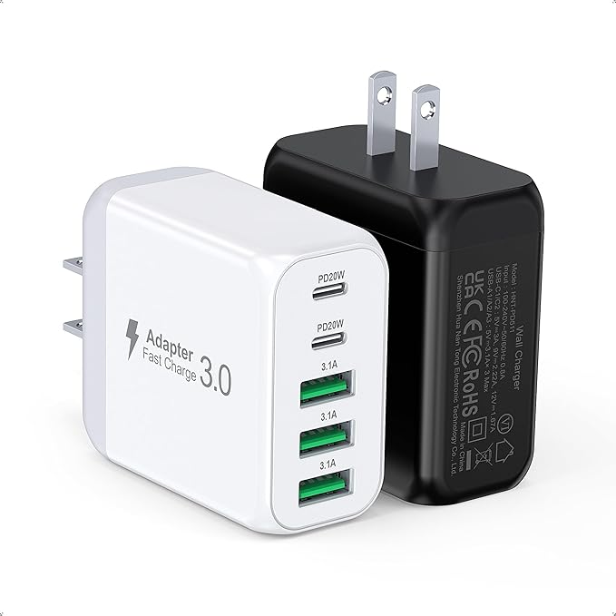 50W USB C Wall Charger Block, 2Pack 5-Port C Charger Fast Charging Block PD Power Adapter+QC 3.0 Multiport Type C Box Brick Cube USB A Wall Plug for iPhone 16/15/14 Pro Max Plus, iPad,Galaxy S24/S23