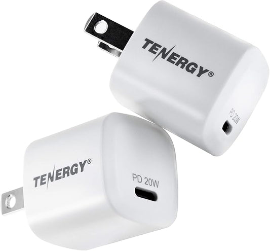 Tenergy USB-C Charger with PD 20W, 2 Pack Fast Charging iPhone 12/12 Mini / 12 Pro / 12 Pro Max / 11, Galaxy, Pixel 4/3, iPad Pro (Cable not Included)