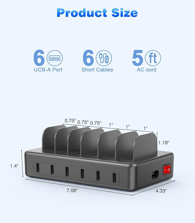CREATIVE DESIGN 50W Charging Station for Multiple Devices,6 Port Multiple USB Charger Station with 6 Cables Compatible with iPhone,iPad Kindle Tablet and Other Electronic（Space Gray