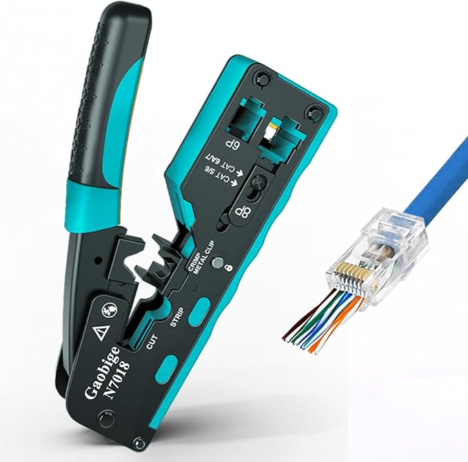 Network Tool Kit, Pass Through rj45 Crimp Tool Kit, Cat7 Cat6A Cat6 Cat5e Cat5 rj45 Crimping Tool with 50PCS cat6 Pass Through Connectors, Network Tester, Wire Cutter