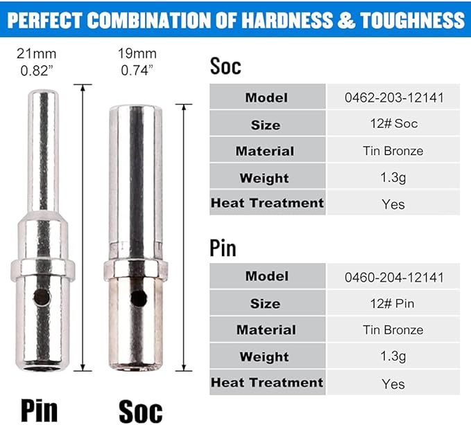 JRready ST6257 DTP Solid Barrel Size 12 Contacts DTP Connector Terminal KIT 20 PCS Male Pins 0460-204-12141 and 20 PCS Female Sockets 0462-203-12141 for Wire Size 12 to 14 awg