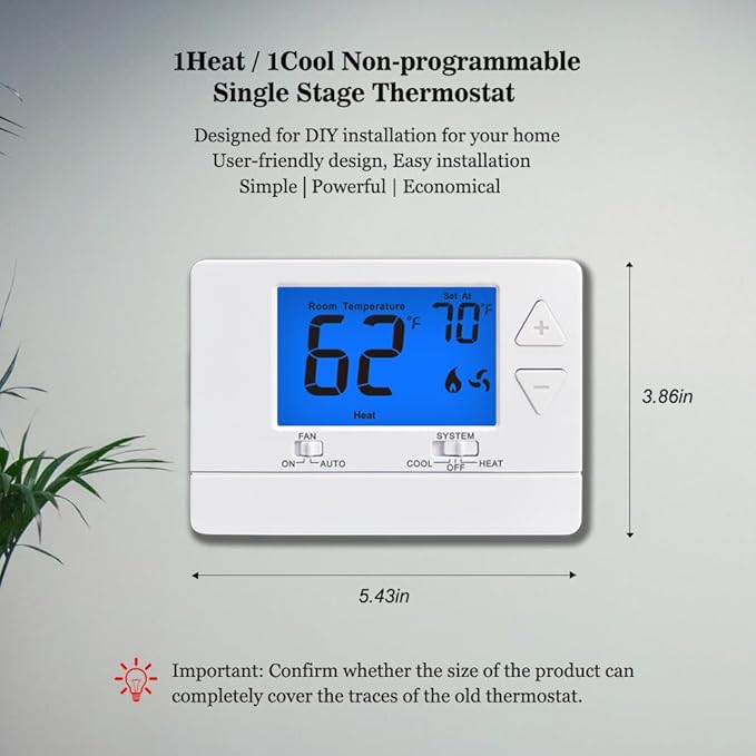 NonProgrammable Thermostat for House, Digital Energy-Saving Thermostat,Single-Stage Systems, 1 Heat/1 Cool, Easy DIY Install, Blue Backlight