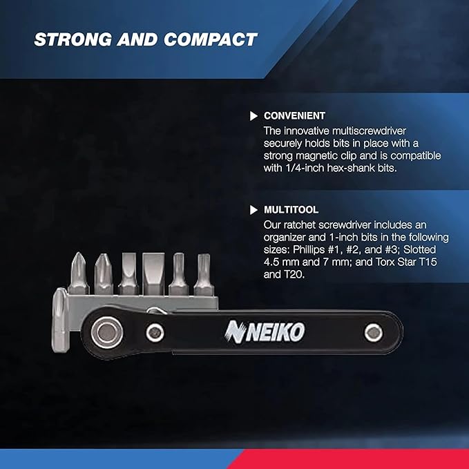 NEIKO 03044A 1/4-Inch Drive Mini Ratchet Screwdriver Set, 8 Pc, Cr-V Steel, Tight Reach, 90 Degree Screwdriver, Low Profile, Close Quarter, Right Angle Offset, Short Phillips, Slotted, Torx Star
