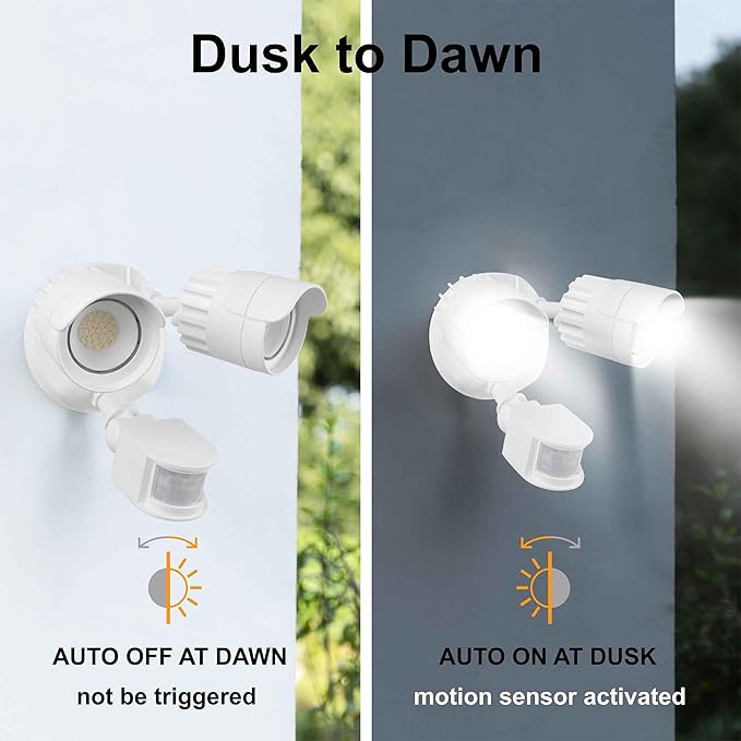 2 Pack LED Motion Sensor Outdoor Lights, 34W 3500LM 5000K Daylight, IP65 Waterproof, Dusk to Dawn Flood Light, 2 Head Motion Detected Security Lights for Patio, Garage, Yard (White)