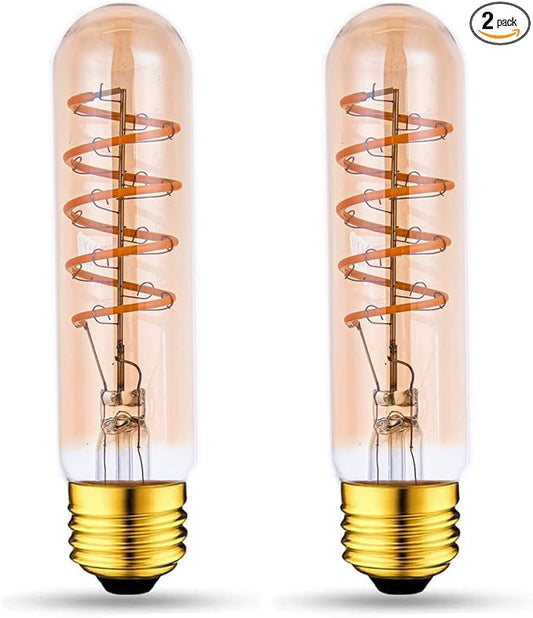 T10 LED Bulbs 40 Watt Equivalent 4W Dimmable Edison Tubular Light Bulb E26 Medium Base 2700K Warm White, T10 Vintage Amber Glass Spiral Filament LED Light Bulb, 2 Pack