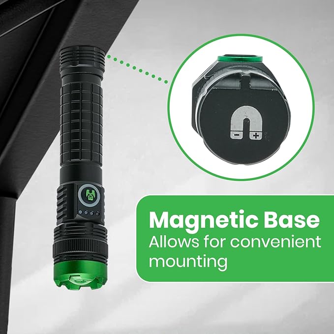 KODIAK 2000 Lumen Magnetic Flashlight – Magnet Flashlights Rechargeable with Magnetic Charging, Focus Beam, 3 Modes, Flashlight Magnetic Base, Canvas Sheath Included