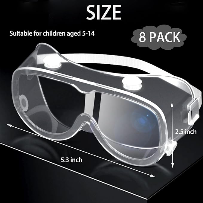 Kid Safety Goggles 8 Pack - Adjustable Lightweight Boys Girls Protective Safety Glasses Crystal Clear Eye Protection