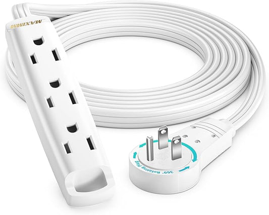 Maximm 6 Ft White 360° Rotating Flat Plug Extension Cord with 3 Outlets on One Side, Space-Saving Design for Compact Areas, Home & Office Use UL-Listed