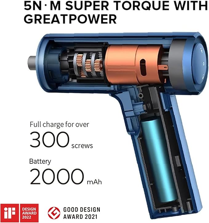 HOTO Electric Screwdriver with Storage Bag, 3.6 V Screwdriver Set Rechargeable USB-C, 5 N.m Torque, 2000mAh Battery, LED Light & 10 Pcs Bits for Furniture/Electrical Repairs, Night Blue