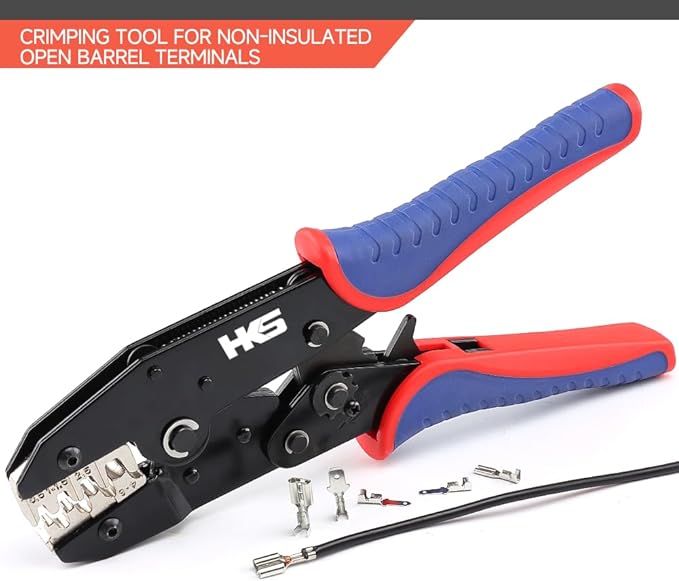 HKS Crimping Tool For Non-Insulated Open Barrel Terminals & Receptacles - Ratcheting Wire Crimpers - AWG 20-10 (0.5-6mm²) U-Shaped- Ratchet Terminal Crimper - Electrical Crimping Tool