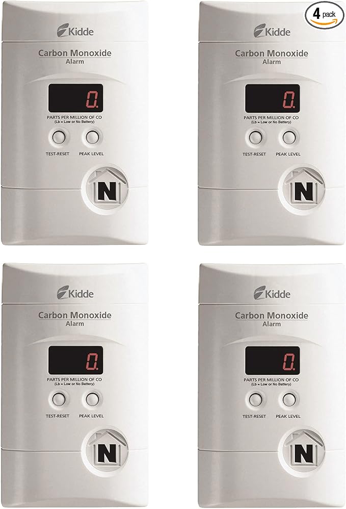 Kidde Carbon Monoxide Detector, Plug In Wall with 9-Volt Battery Backup, Digital LED Display - 4 Pack