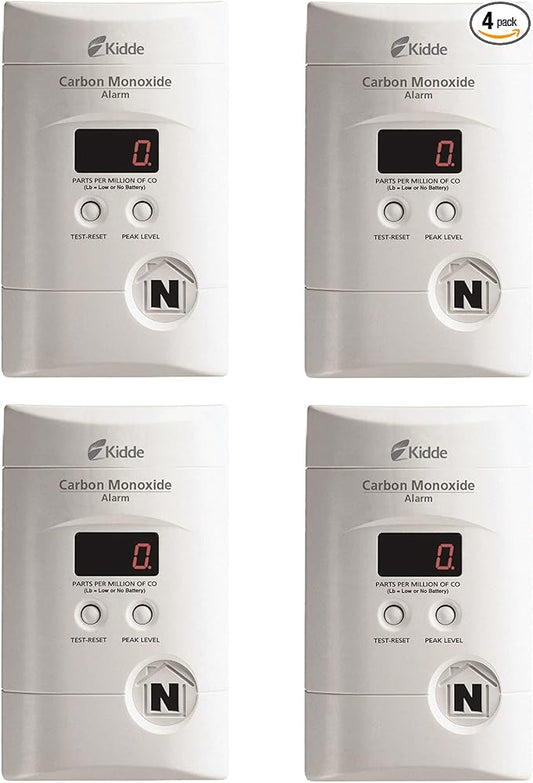 Kidde Carbon Monoxide Detector, Plug In Wall with 9-Volt Battery Backup, Digital LED Display - 4 Pack