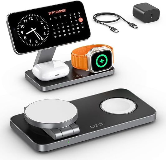 Foldable 3 in 1 Wireless Charging Station for Apple Compatible with Magsafe Charger Stand,Magnetic Wireless Charger Station for iPhone 16 15 14 13 12 Series,Airpods Pro,Apple Watch(Black)