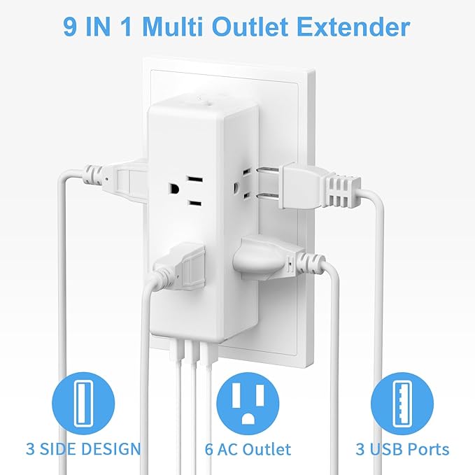 Surge Protector Outlet Extender with 6 AC Outlets & 3 USB Ports - HICITY 2700J, Triple-Sided Wide-Spaced Power Expander for Home Office (White)
