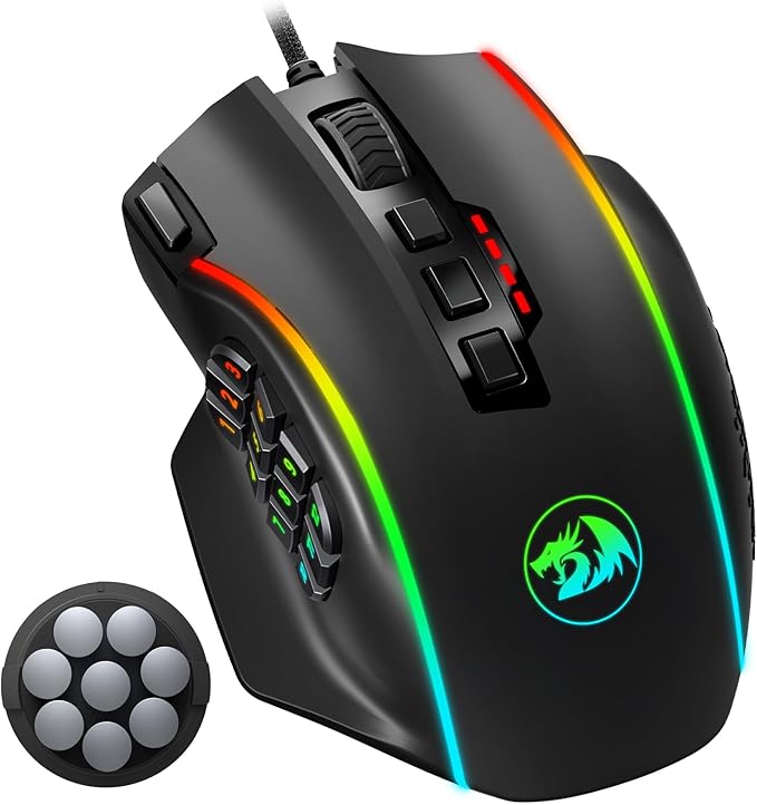 Redragon Gaming Mouse, MMO Mouse Gaming UP 12400 DPI, 19 Macro Programmable Buttons, RGB Mouse with 12 Side Buttons, 8 * 2.4g Weight Tuning for PC Laptop MOBA FPS, M901K, Black