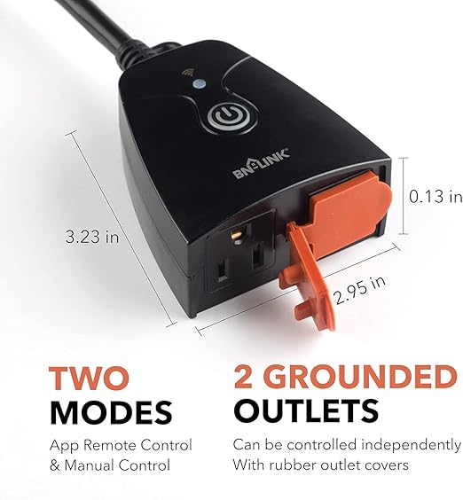 BN-LINK Outdoor Smart Dual Outlet, Heavy Duty Wi-Fi Plug, Independent Control Outlets, Compatible with Alexa and Google Assistant 2.4 GHz Network only
