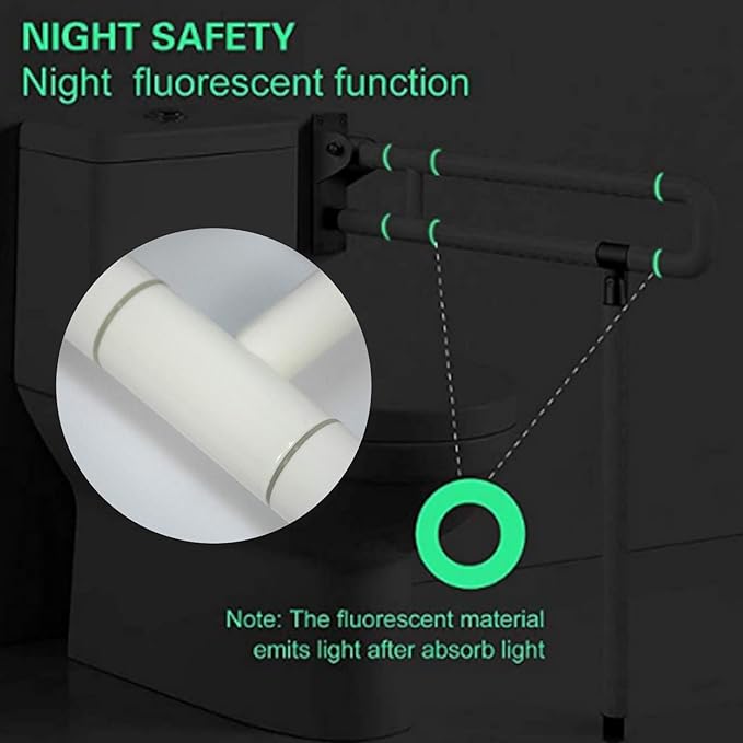 MYOYAY 24In Toilet Safety Rails Wall Mount Floor Support Foldable Toilet Grab Bar Handicap Grab Bars Rails Non-Slip Stainless Steel Flip Up Grab Bar Fluorescent Handrails for Seniors Disabled Pregnant