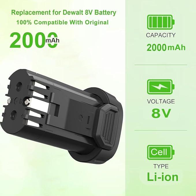 2Pack 2000mAh 8v Replacement Battery Compatible with DEWALT DCB080 DCF680N1 DW4390 DCF680N2 DCF680G2 for DEWALT 8v Battery