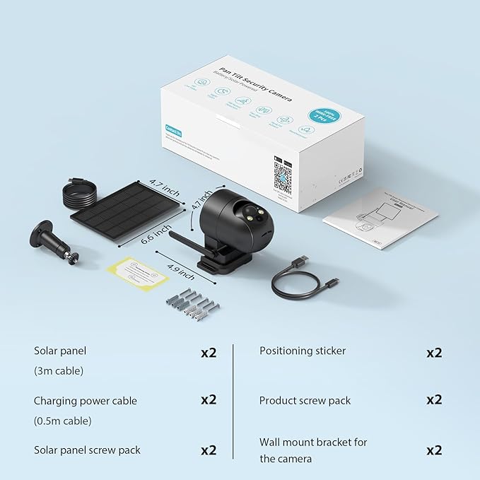 Security Cameras Wireless Outdoor, 2K Color Night Vision, Solar Camera Outdoor Wireless for Home Security, 360°Panoramic View, Weatherproof, 2.4GHz WiFi, 2pack