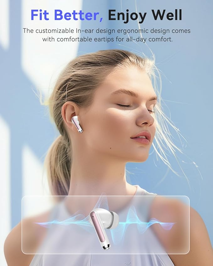 Bluetooth Headphones True Wireless Earbuds 50H Playback LED Power Display Earphones with Wireless Charging Case IPX7 Waterproof in-Ear Ear buds with Mic for Smart Phone Computer Sports, Rose Gold