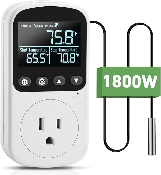 Diymore 1800W Plug in Digital Thermostat Temperature Controller Electric RV Thermostat Outlet Heating Cooling Control Mode Timer 120V 15A -104 ℉~210 ℉ Greenhouse with Thermostat Pool Thermometer