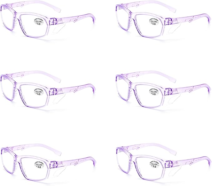 ProtectX Stylish Anti-Fog & Scratch-Resistant Safety Glasses With Readers, UV Protection Goggles, Anti-Impact Lightweight Glasses for Men＆Women Lilac Reading 3.0-6 Pack