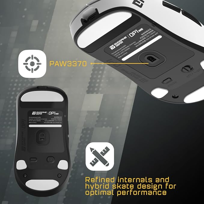 ENDGAME GEAR OP1we Wireless Gaming Mouse, CompX CX52850 Microcontroller, Pixart PAW3370 Optical Sensor, Mod-Friendly, Hybrid Skate Design, Claw Grip, 2.1 oz, White