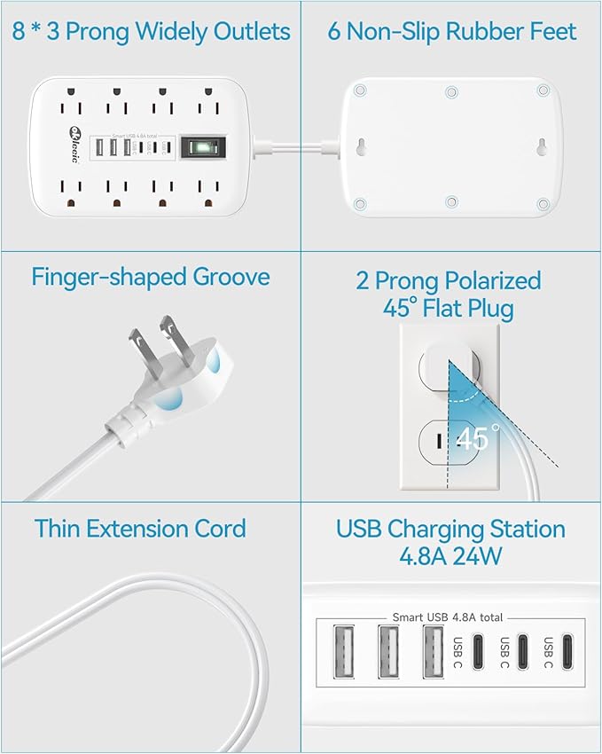 2 Prong Extension Cord with Multi Plug Outlet Surge Protector (1700J), 3 Prong to 2 Prong Adapter, 1875W Appliance Extension Cord 3 FT with 8 Outlets 3 USB-A and 3 USB-C, Wall Mountable for Old House