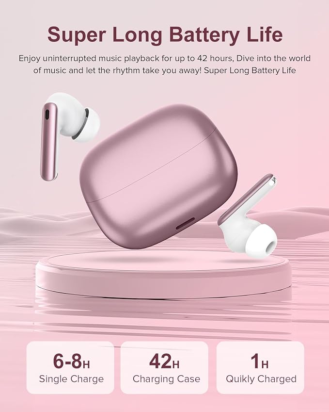 Wireless Earbuds, 42H Playtime Bluetooth 5.3 Headphones, HiFi Stereo Call Noise Cancelling Earbuds, IPX7 Waterproof Stereo in-Ear Earphones with LED Display for iOS Android (Elegant Rose Gold)